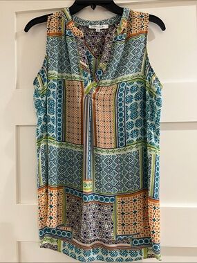 Rose & Olive Patchwork Print Sleeveless V-Neck Tank in Blue Green Orange